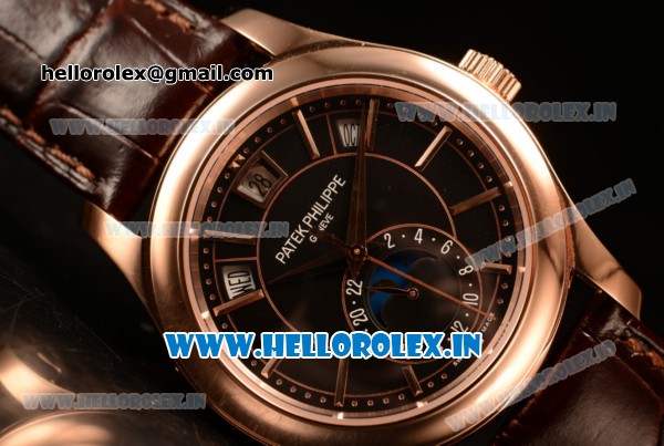 Patek Philippe Grand Complications Japanese Miyota 9015 Automatic Rose Gold Case Brown Dial With Stick Markers Brown Leather Strap - Click Image to Close